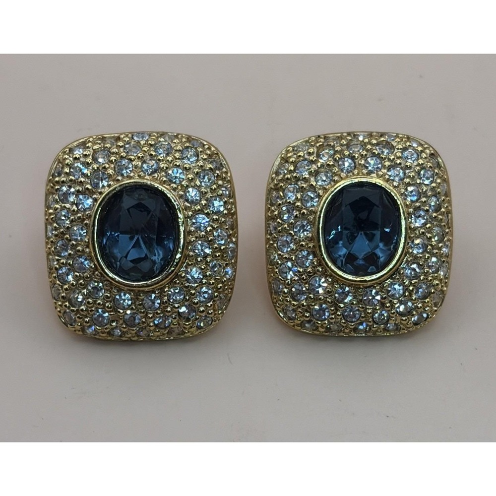 Vintage Roman Signed Pierced Earrings Gold Blue Rhinestone Maximalist Mob Wife